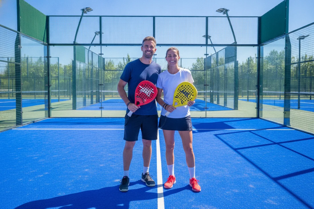 Deux joueurs de padel souriants, sport convivial a quatre