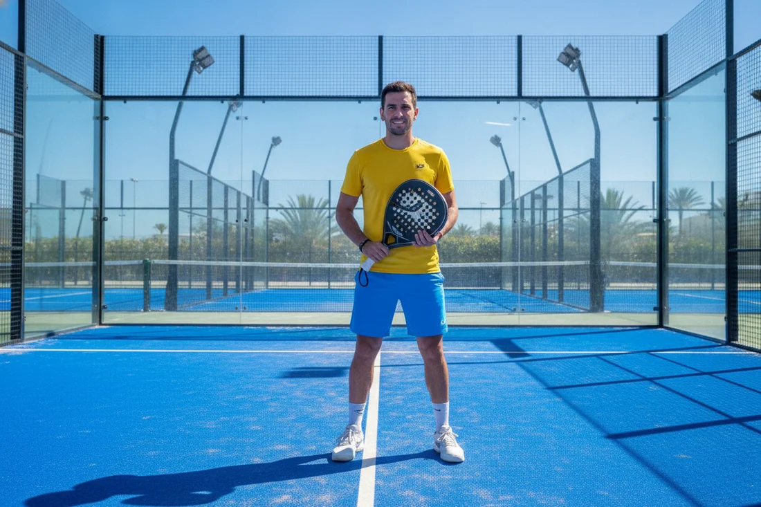 Joueur debutant au padel, raquette pleine en main