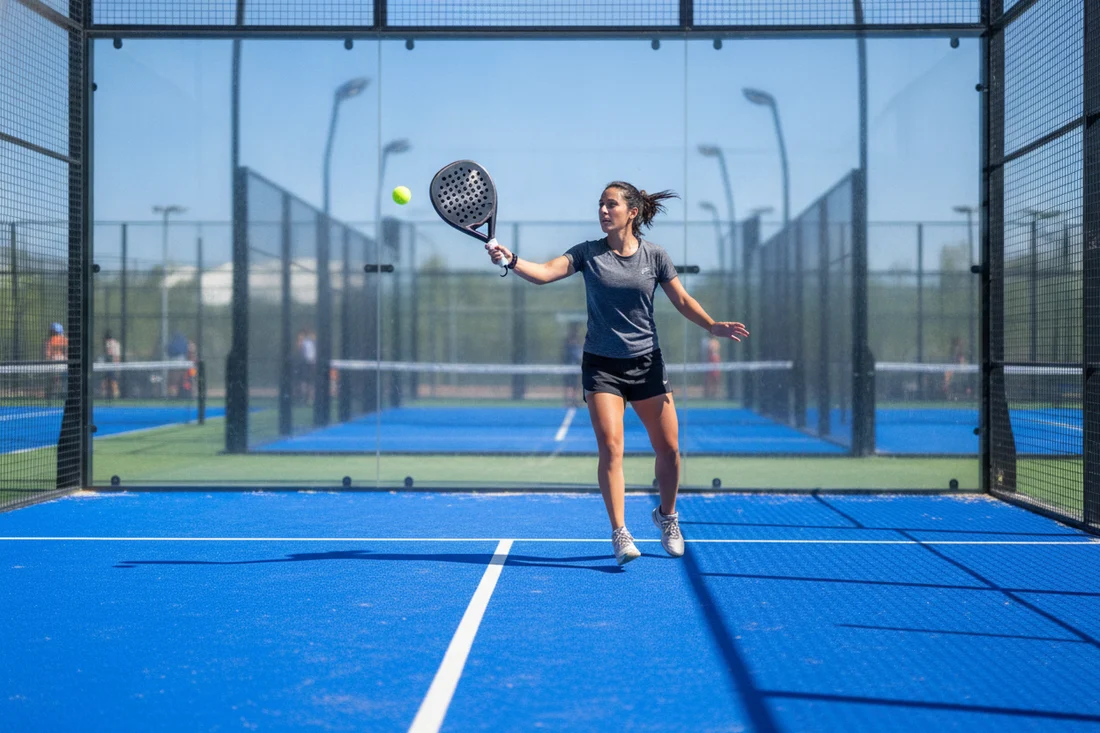 Joueuse de padel frappant la balle sur un court ferme