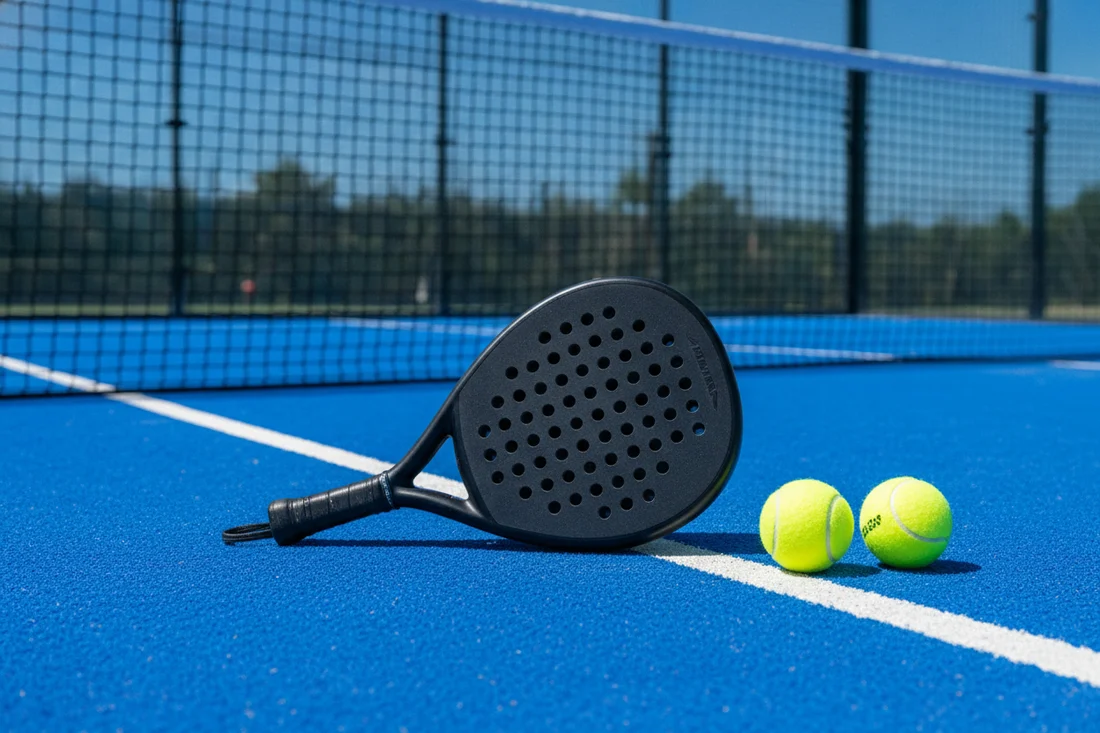 Raquette de padel pleine et balles sur le court, materiel reglementaire