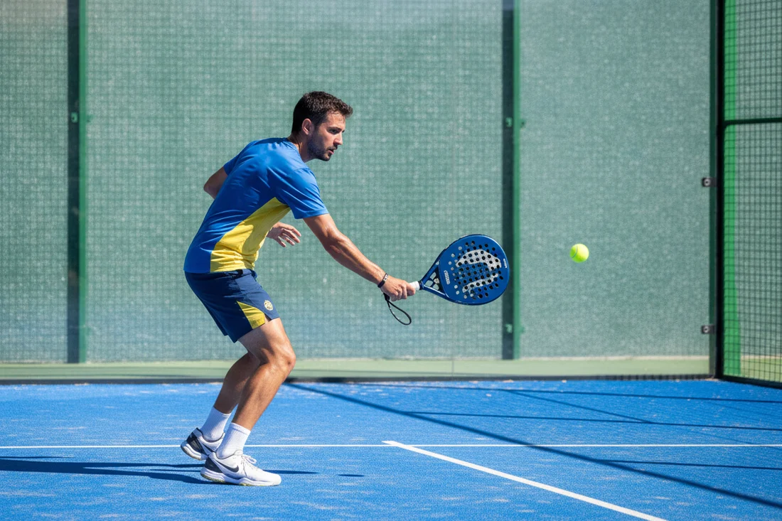Joueur de padel renvoyant la balle apres rebond sur la vitre