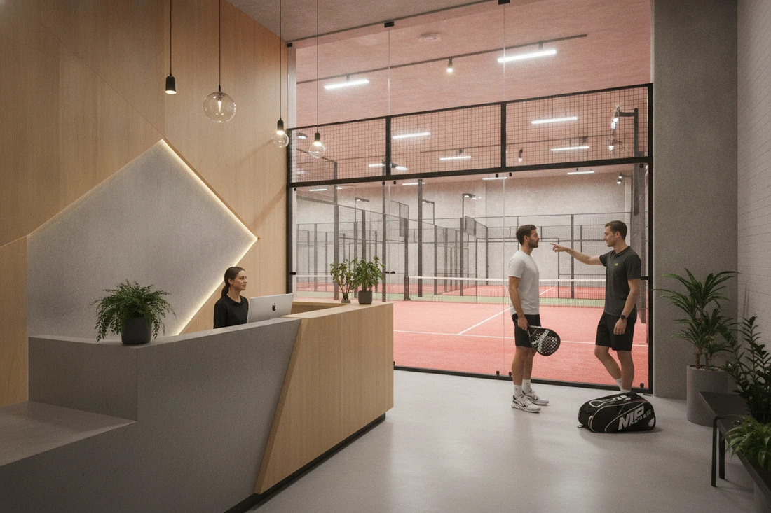 Accueil d'un club de padel indoor avec terrains au sol rouge en arrière-plan