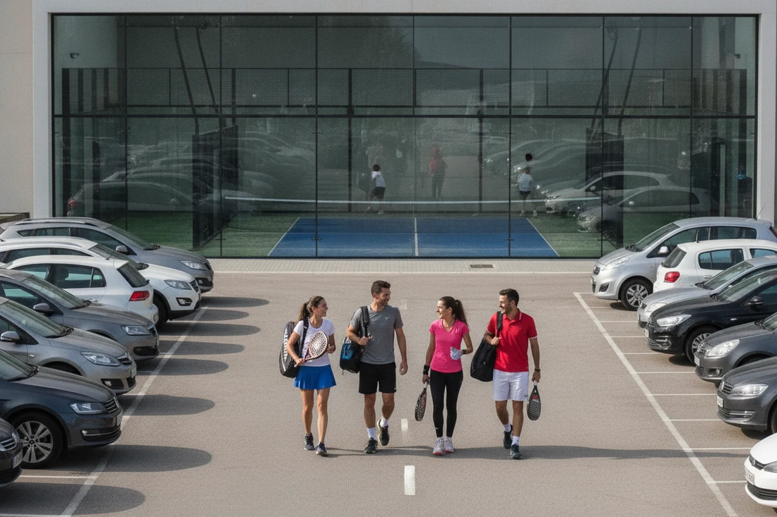 Quatre joueurs arrivant sur un terrain de padel indoor réservé, sol orange