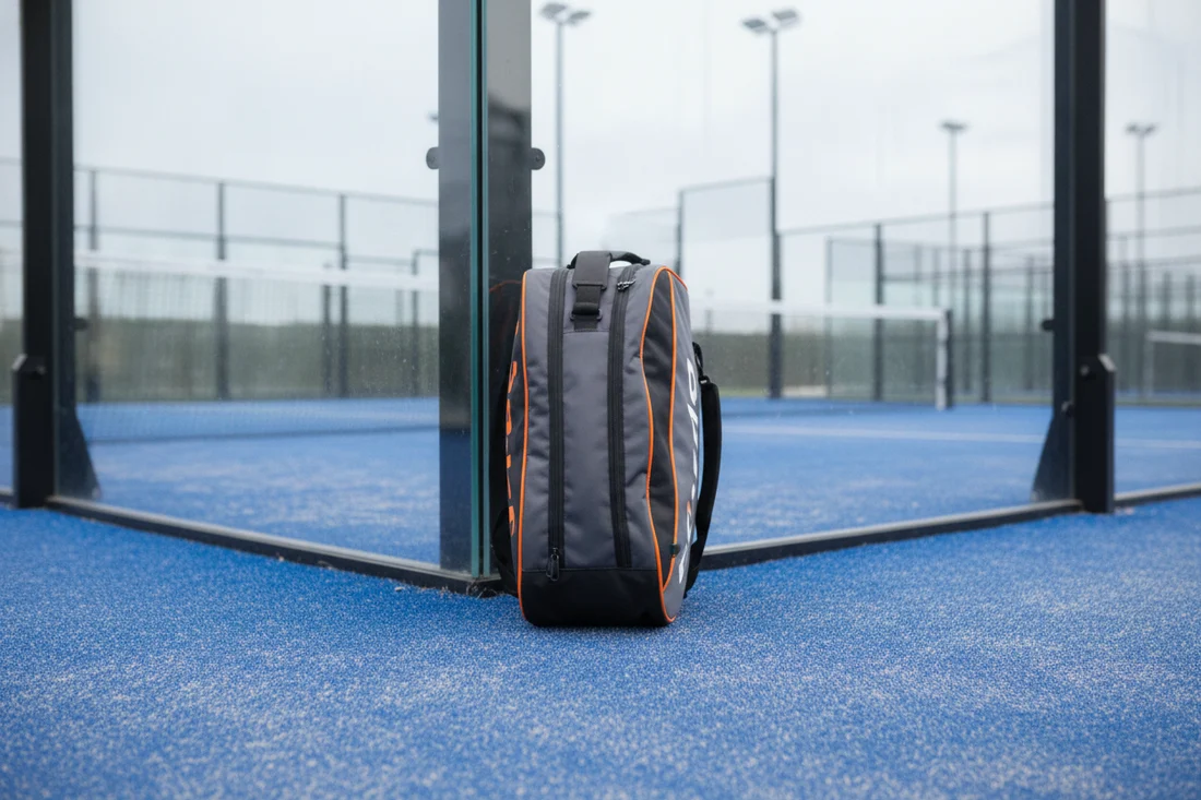 Sac de padel paletero range au bord du court bleu