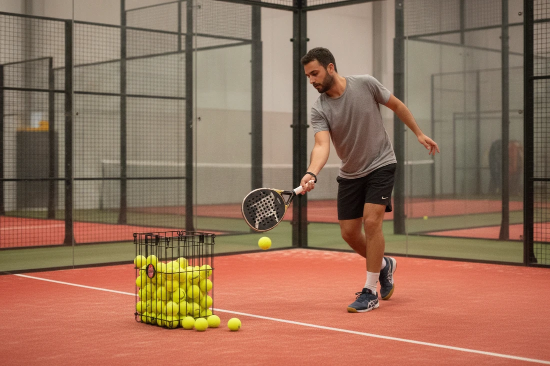 Joueur de padel travaillant son service avec un panier de balles