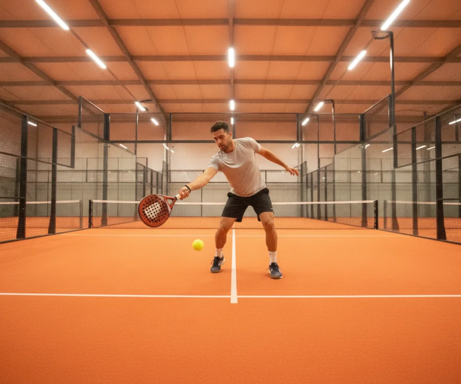 Joueur de padel au service, bras armé en arrière et balle à hauteur de hanche, terrain indoor orange