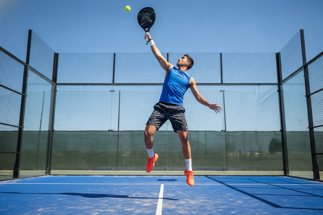 Joueur de padel sautant pour smasher sur un court bleu
