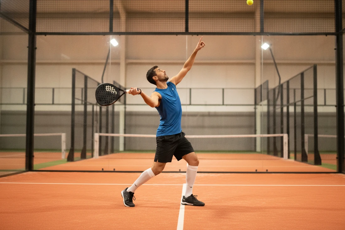 Preparation du smash au padel, joueur pointant la balle avant la frappe