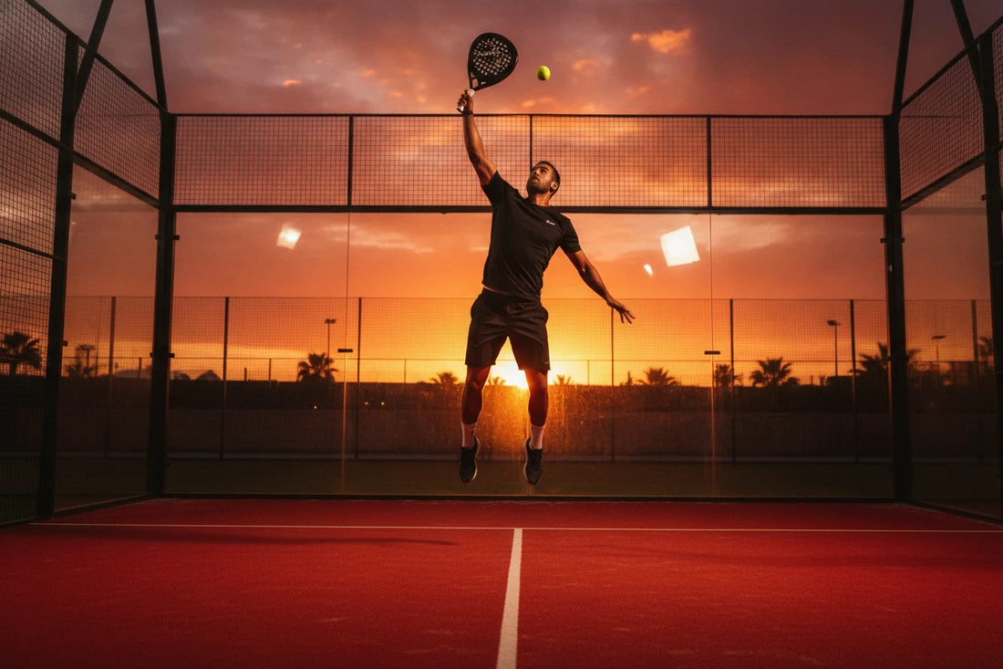 Joueur de padel realisant un smash en suspension au coucher du soleil