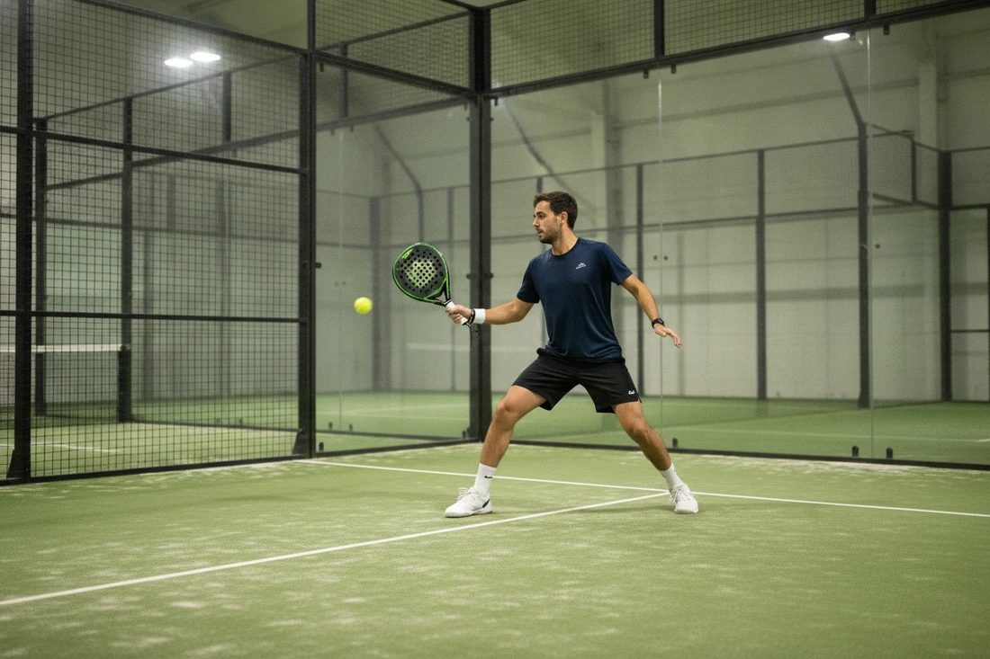 Joueur de padel jouant un contre-mur sur sa propre vitre, terrain indoor vert