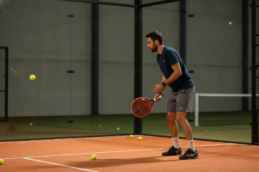 Joueur de padel travaillant ses sorties de vitre à l'entraînement, terrain indoor orange