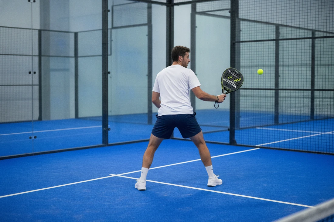 Joueur de padel jouant une sortie de vitre latérale, terrain indoor bleu