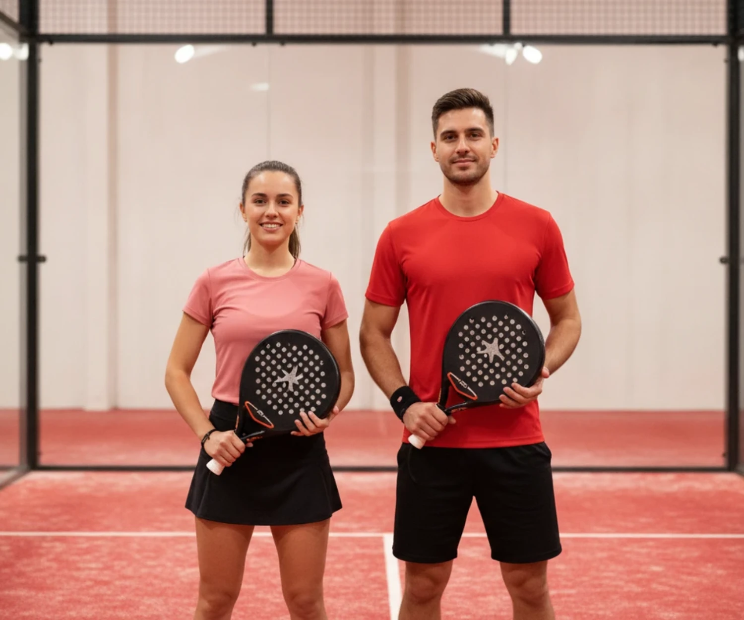 Équipe de padel amateur sur un terrain indoor au sol rouge