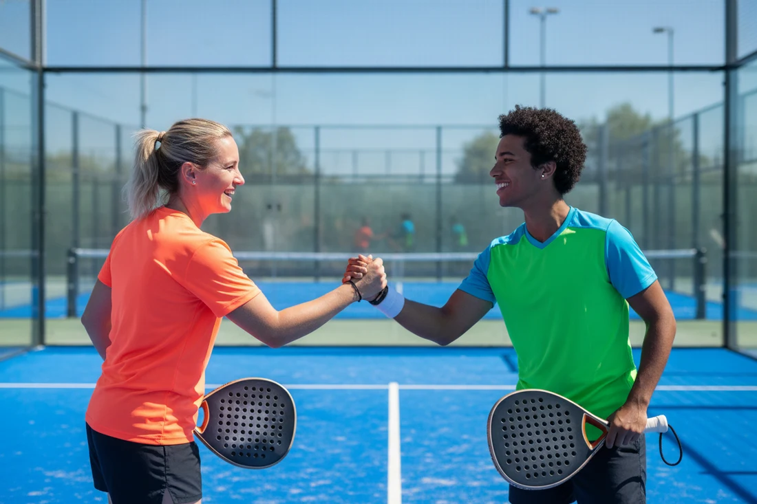 Deux joueurs de padel se serrant la main au filet, esprit partenariat