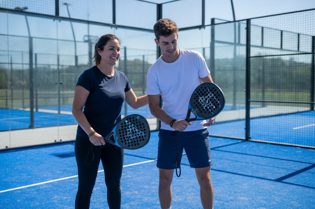 Coach de padel corrigeant le geste d'un joueur en stage