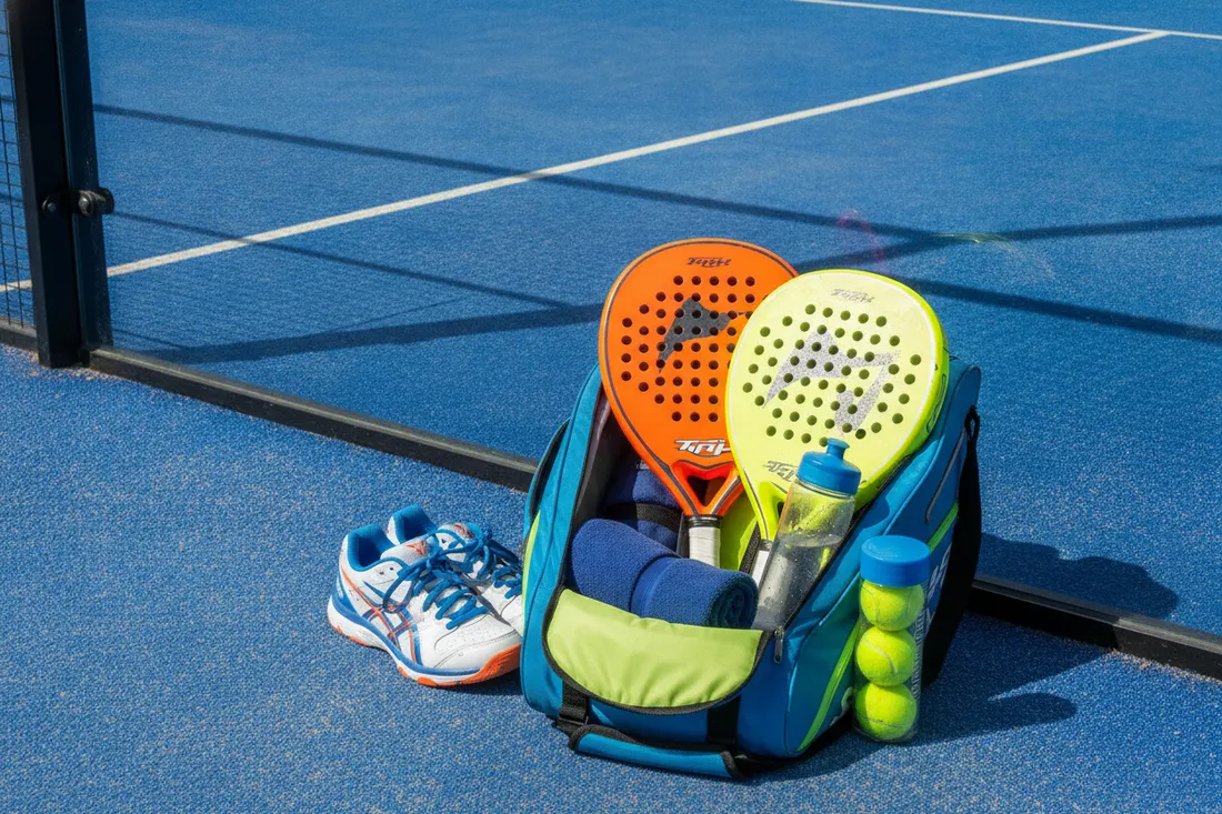 Sac de padel ouvert avec raquettes et equipement pour un stage