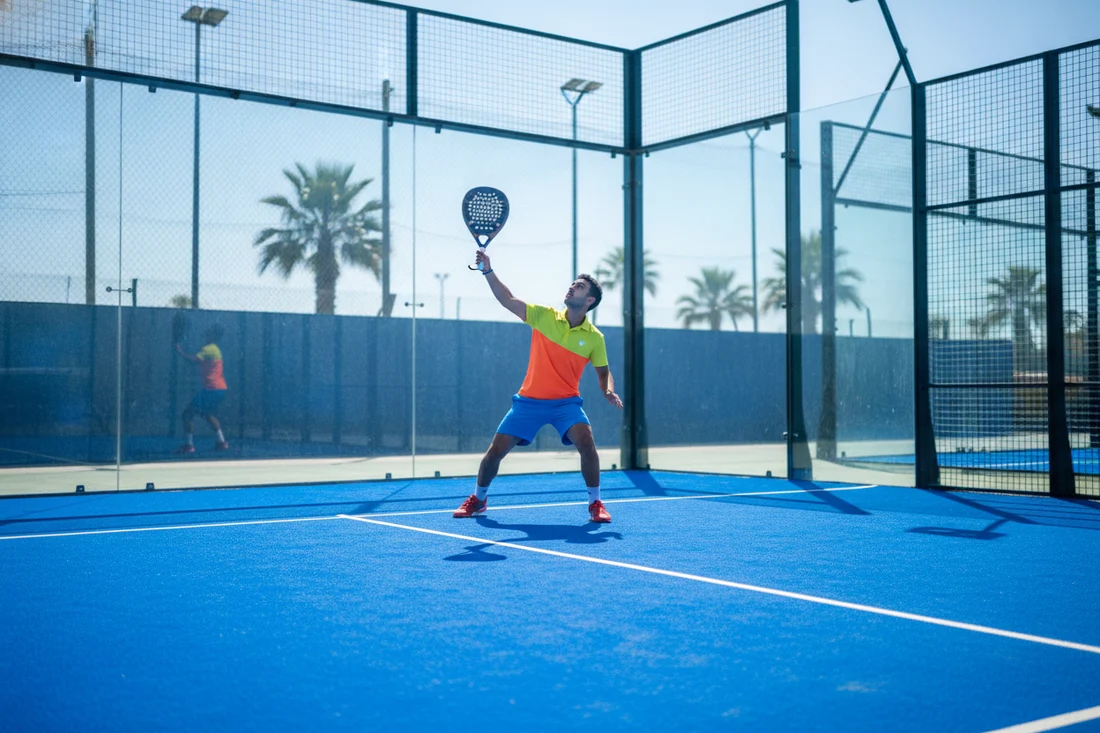 Joueur de padel en defense jouant un lob