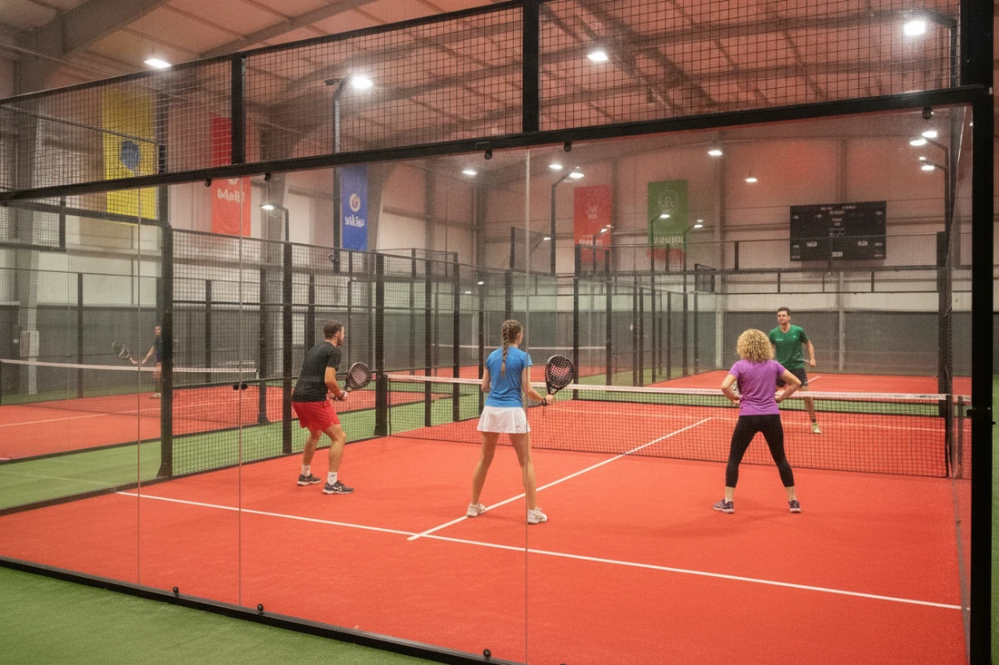 Site de tournoi de padel avec plusieurs terrains extérieurs au sol orange