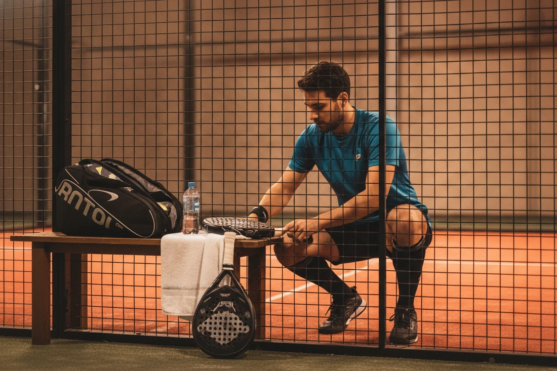 Joueur préparant son sac de padel avant un match de tournoi en indoor