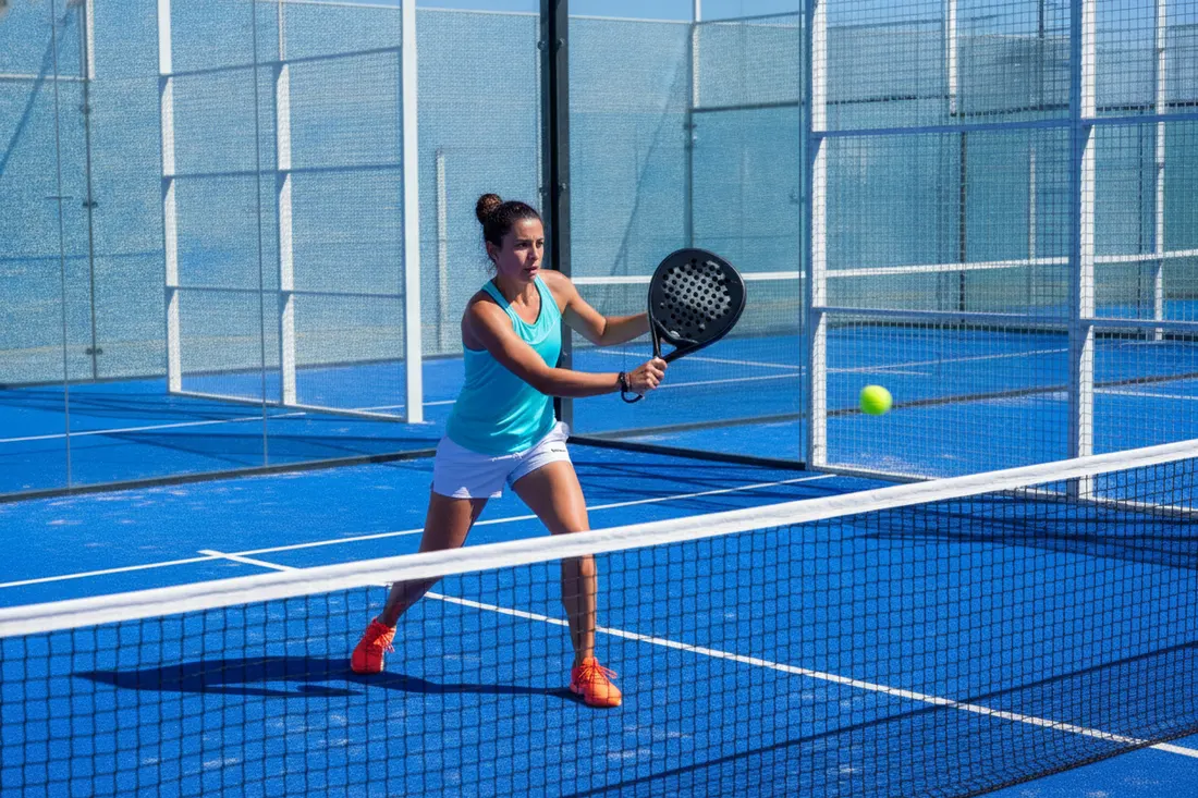 Joueur de padel travaillant sa vibora au filet