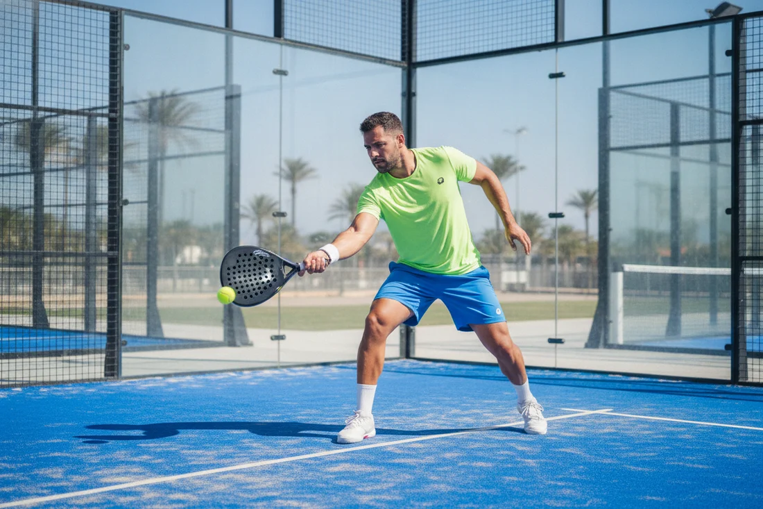 Joueur de padel jouant une volee de coup droit, court bleu