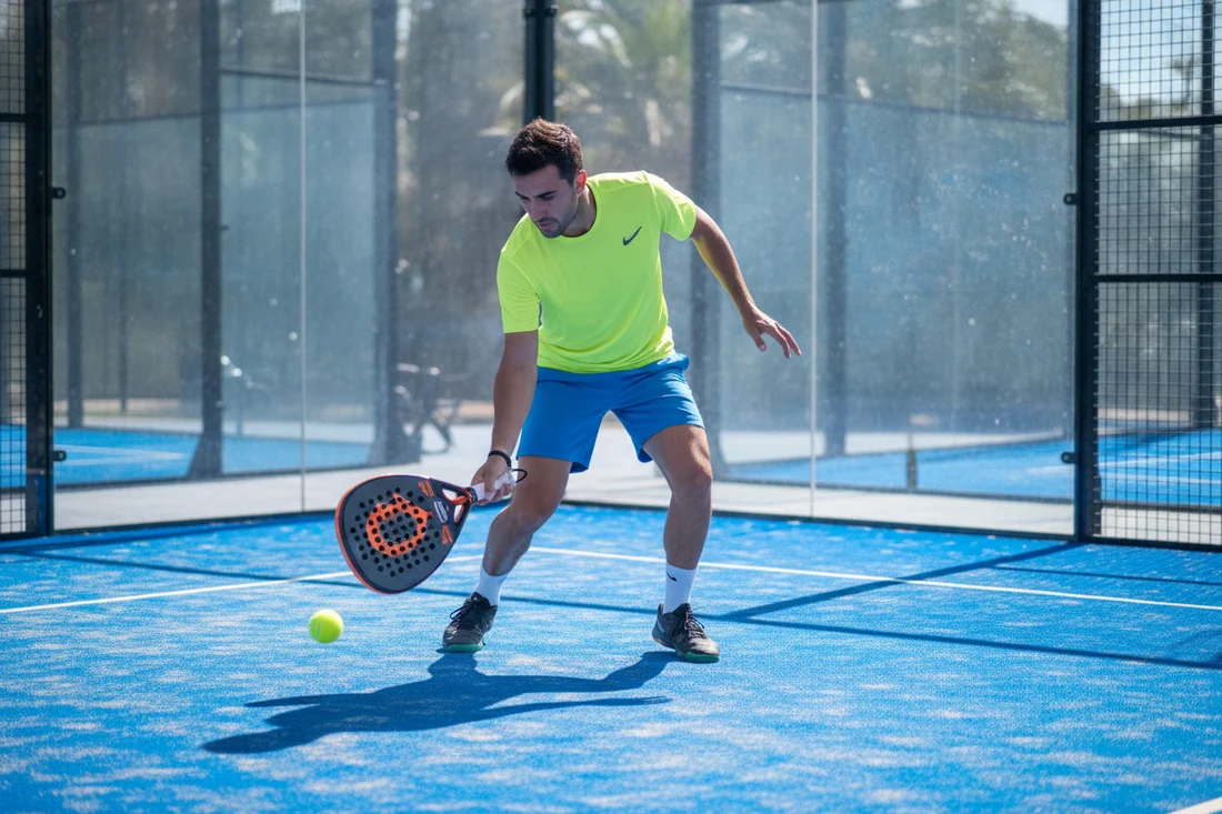 Joueur de padel travaillant ses volees au filet, court bleu