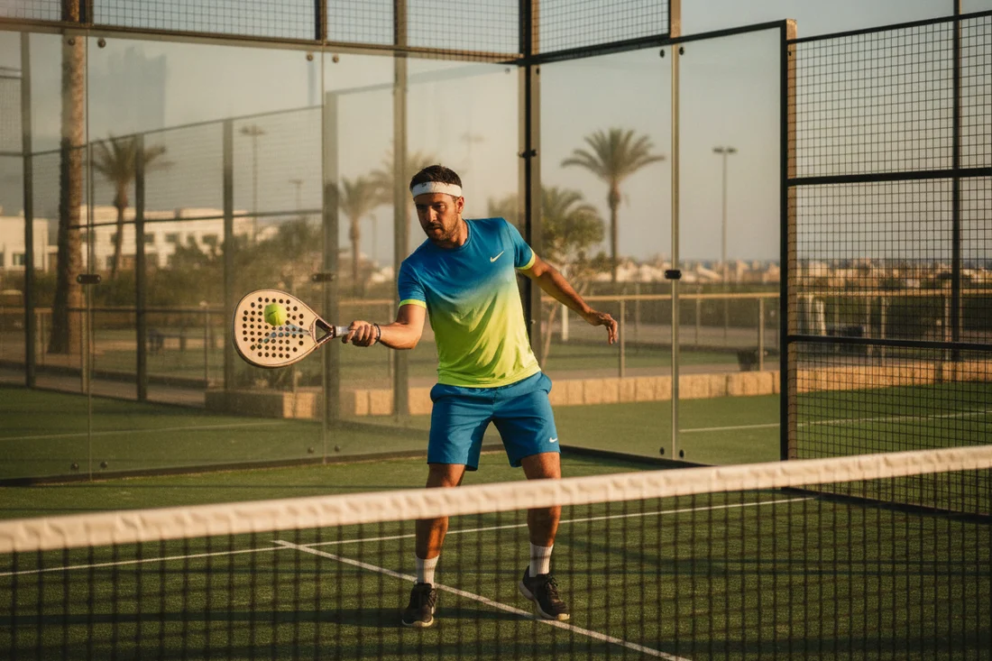 Joueur de padel jouant une volee de revers, court vert