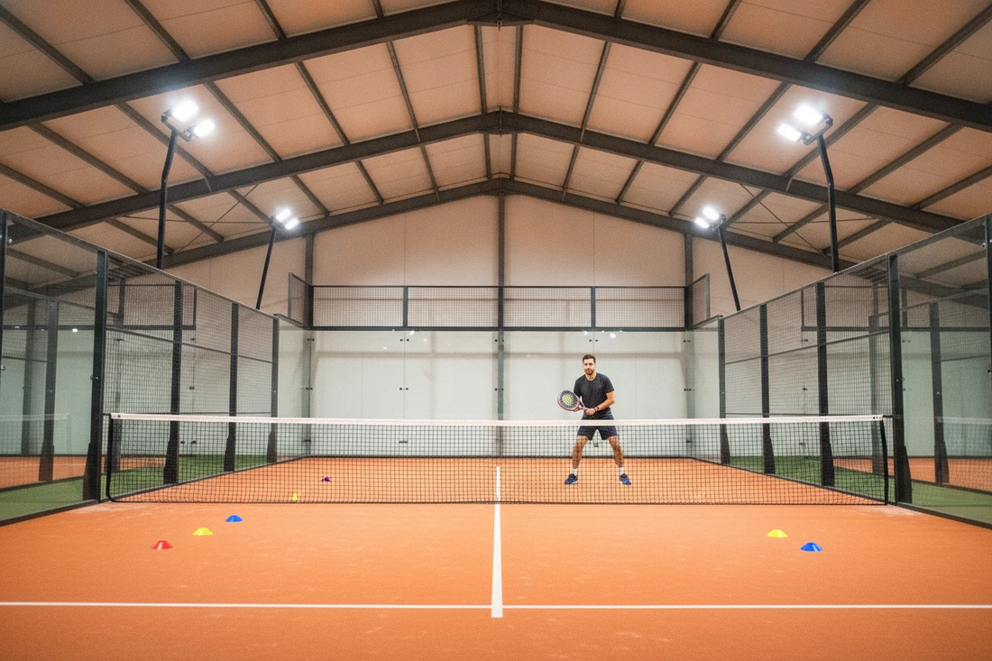 Joueur de padel s'entraînant à placer ses attaques, terrain indoor orange