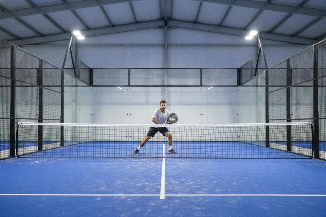 Joueur de padel plaçant une attaque précise, terrain indoor bleu