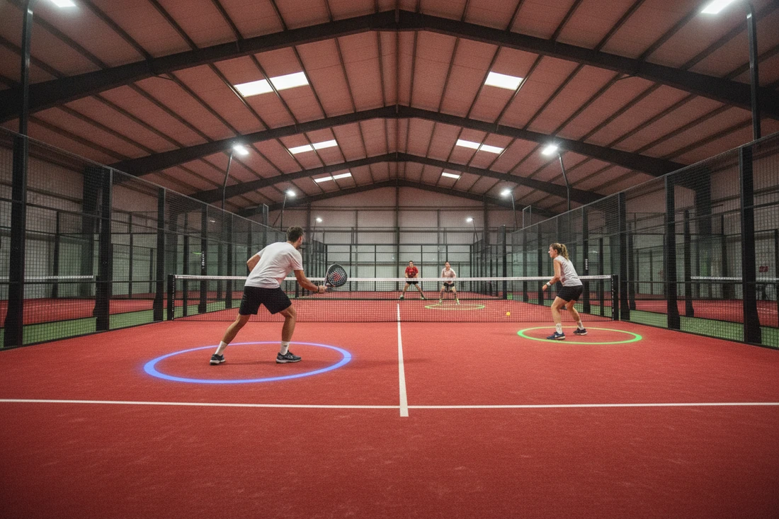Joueur de padel attaquant en visant une zone précise, terrain indoor rouge