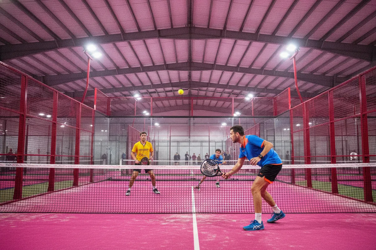 Amortie au padel : joueur jouant une amortie tout en finesse au filet, match en double en salle indoor sur court rose