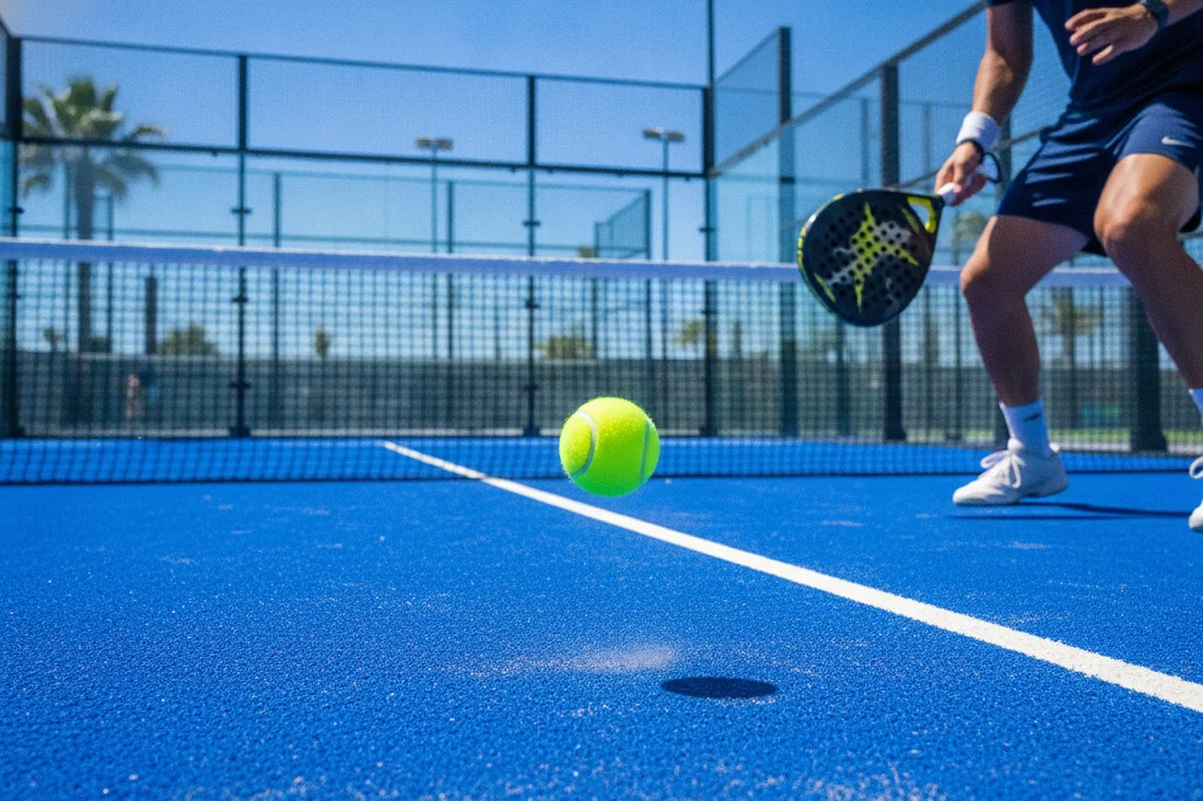 Pression interne de la balle de padel, rebond de la balle jaune sur le court