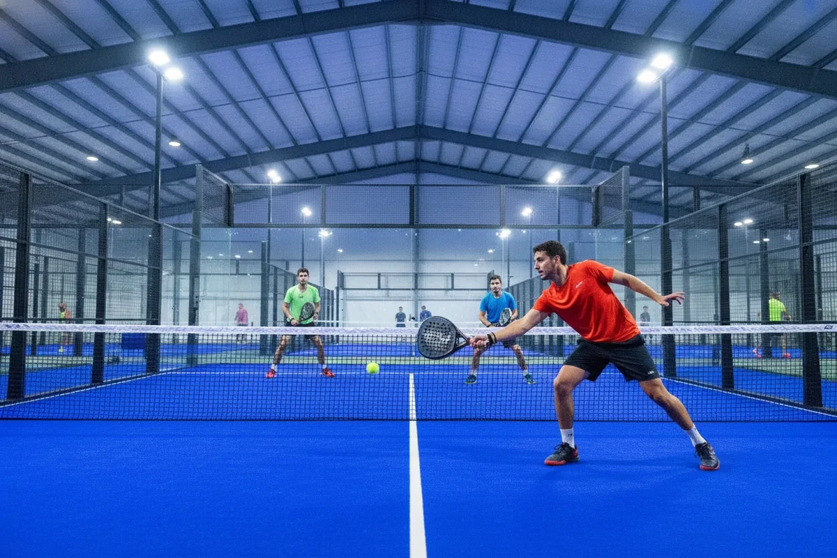Balle de padel rapide ou lente : échange en double sur court indoor bleu, joueur frappant la balle