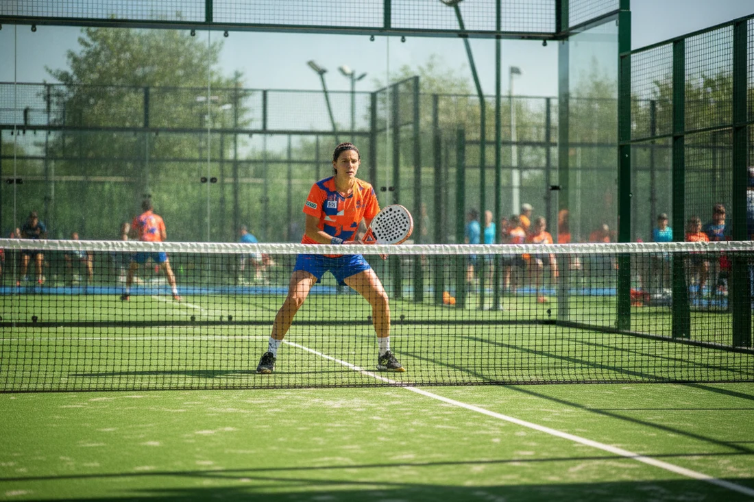 Catégories de tournoi P25 à P2000, joueuse de padel en position de jeu