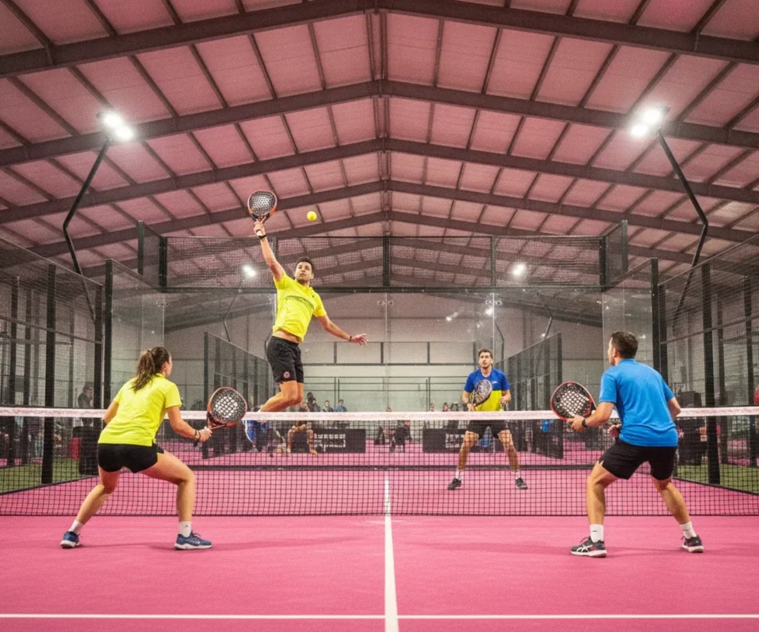 Barème de points padel P25 à P2000 : match de compétition en double dans une salle indoor, court rose
