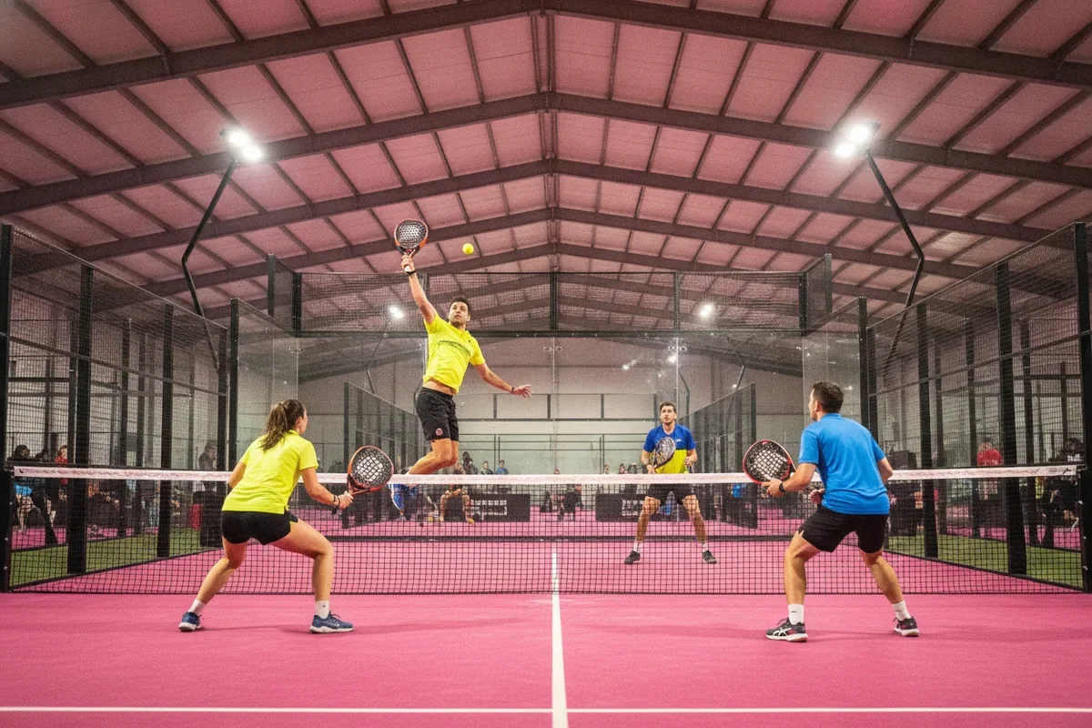 Barème de points padel P25 à P2000 : match de compétition en double dans une salle indoor, court rose