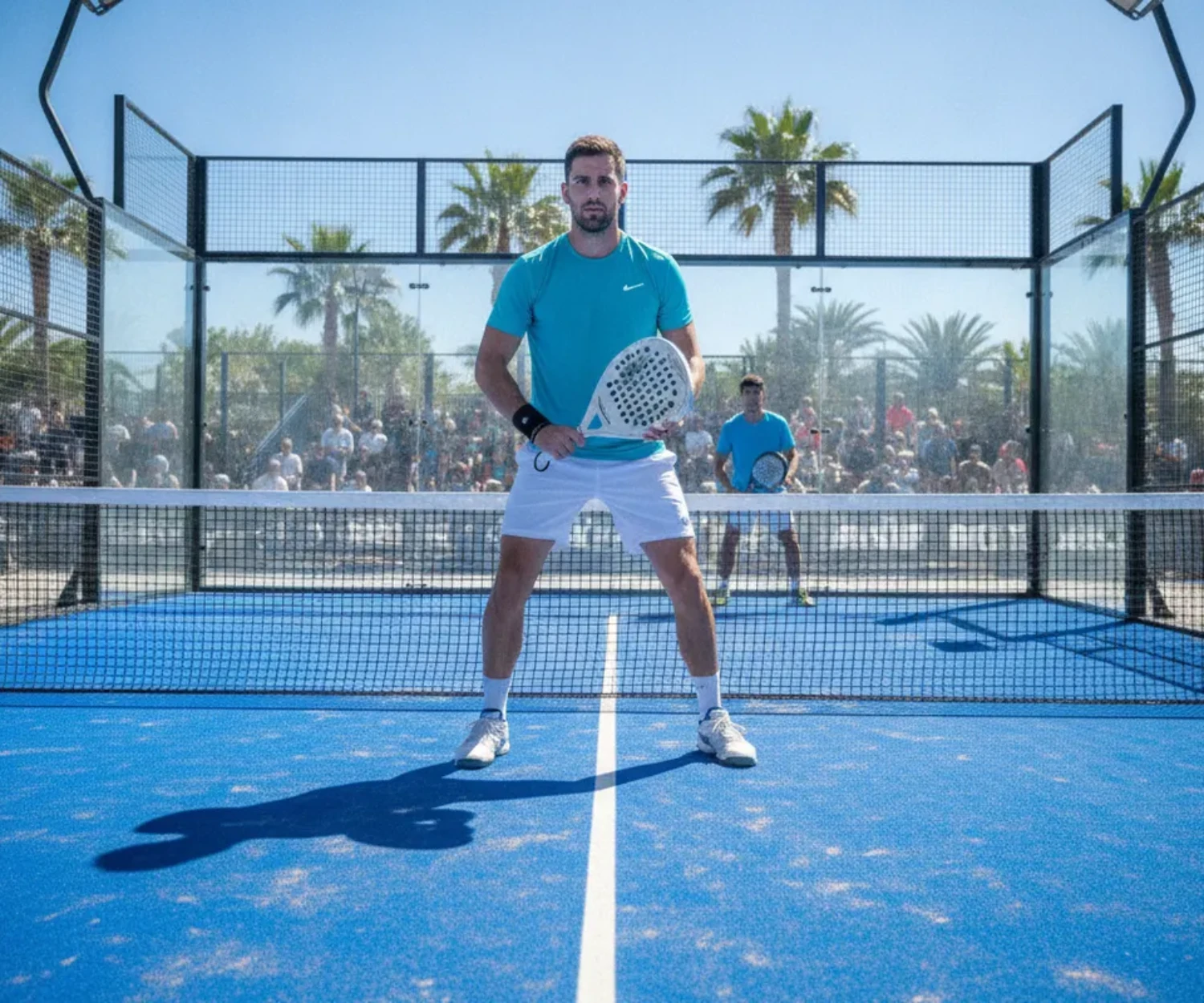 Barème de points padel, joueur en tournoi sur un court vitré devant le public