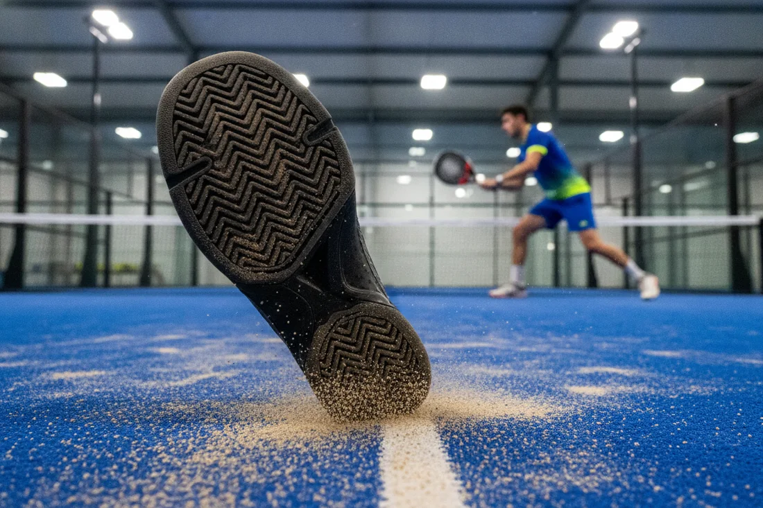 Semelle de chaussure de padel à chevrons sur le gazon sablé