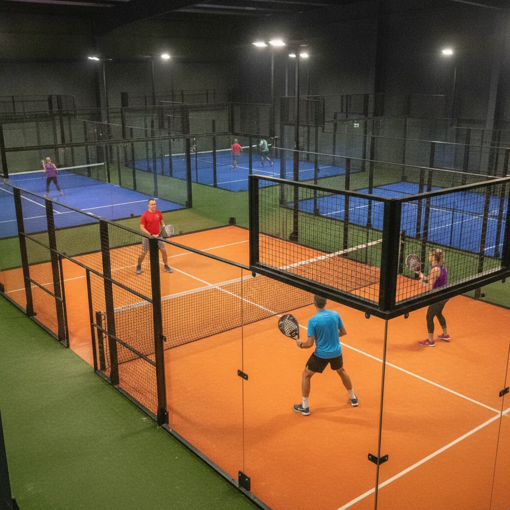 Comparatif des clubs de padel rennais : plusieurs pistes couvertes vues en plongée