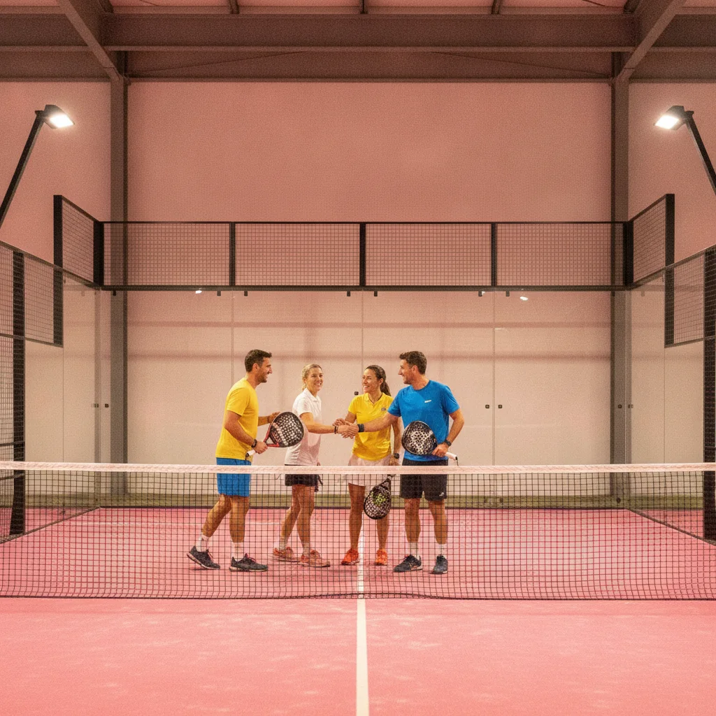 Trouver un partenaire de padel dans un club rennais : quatre joueurs se saluent au filet