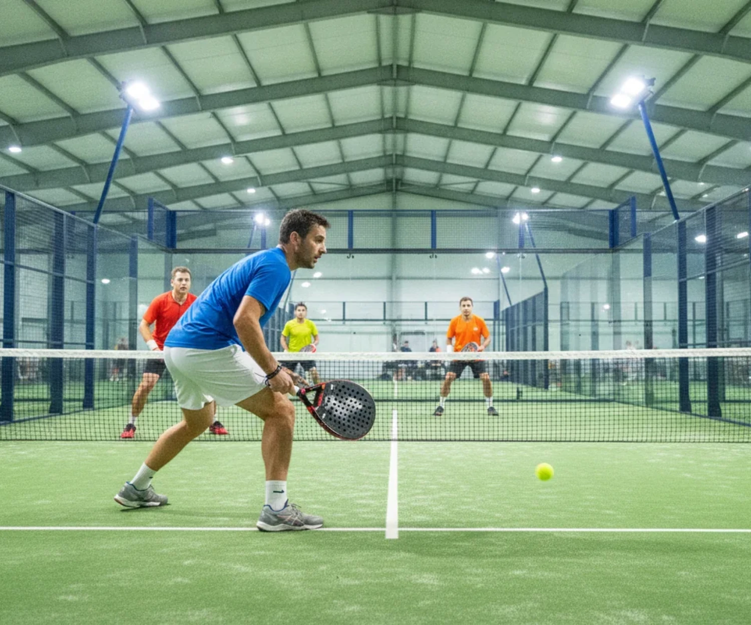Concentration au padel : joueur tres concentre lors d un match en double en salle indoor sur court vert