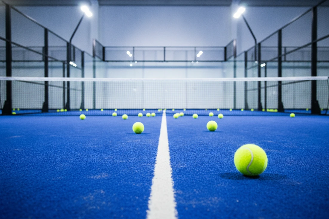 Balles de padel eparpillees sur un court, mauvais stockage a eviter