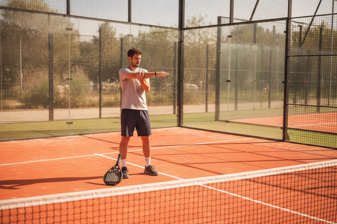 Prévention de l'épicondylite au padel, joueur étirant son avant-bras sur le court