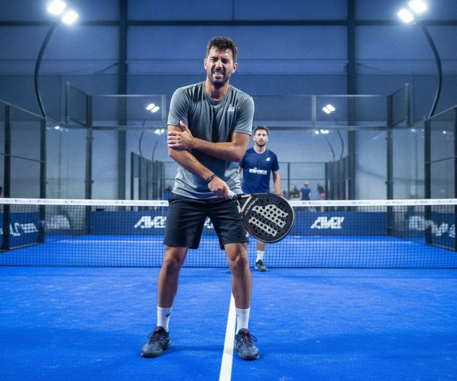 Joueur souffrant d'une épicondylite au padel se tenant le coude sur le court