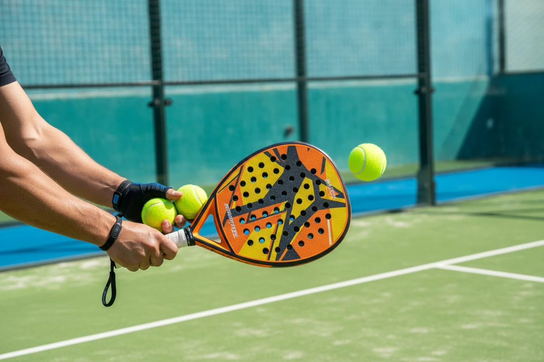Gros plan sur une raquette de padel pleine et des balles, illustrant l'équilibre d'une raquette de padel