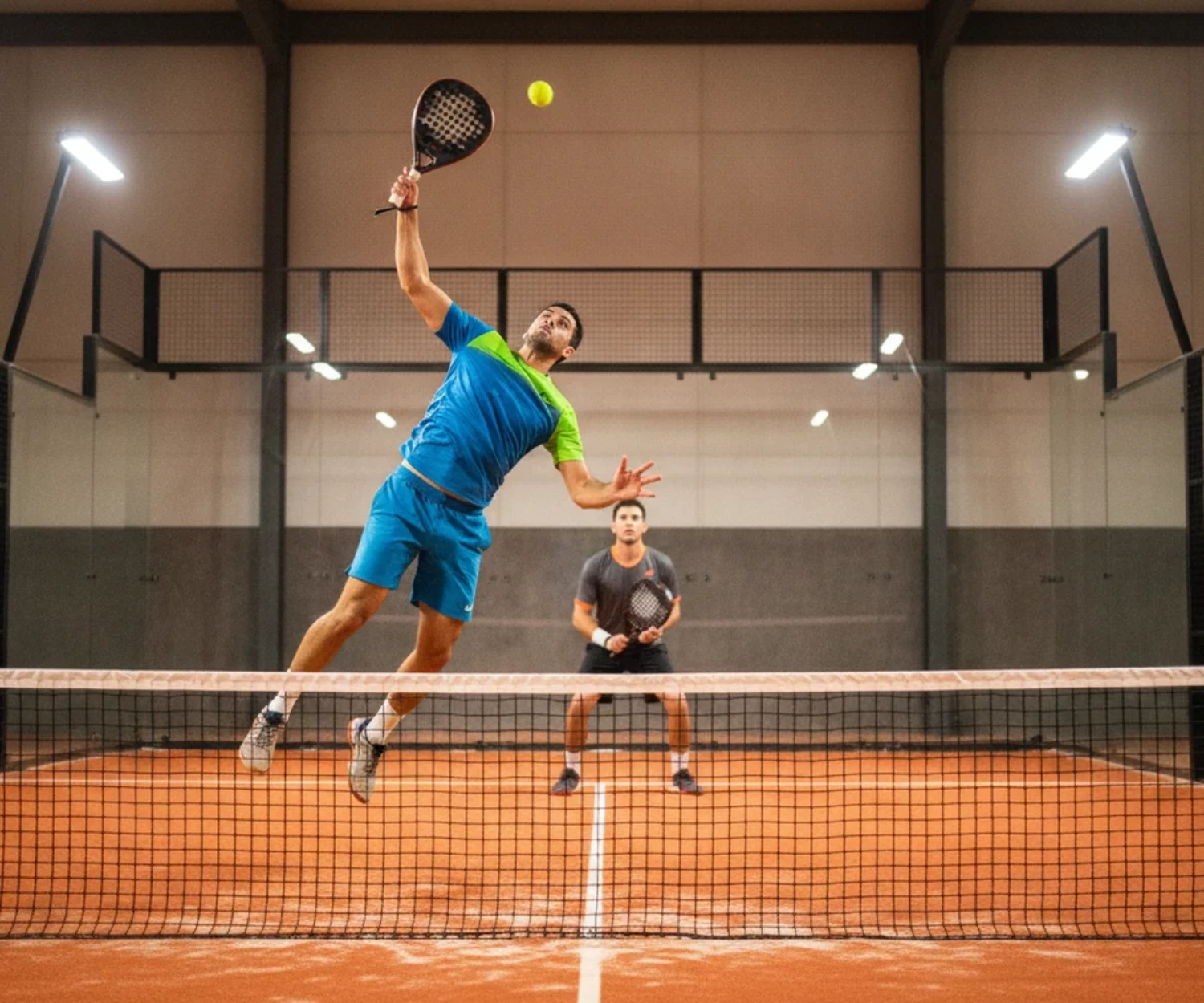 Joueur de padel exécutant un smash sur un court indoor à sol orange, adversaire flouté en attente derrière le filet