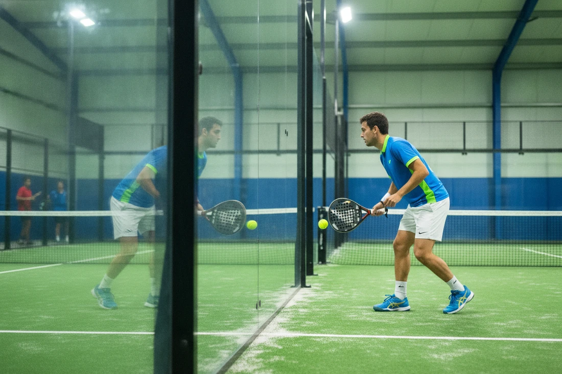 Joueur de padel jouant une sortie de mur au lieu de se coller a la vitre