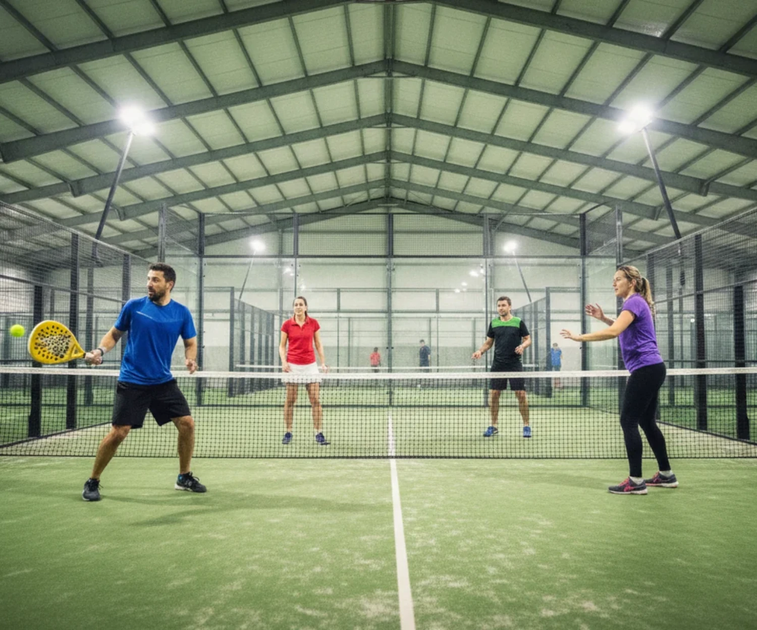 Erreurs au padel debutant : match en double entre amateurs en salle indoor sur court vert