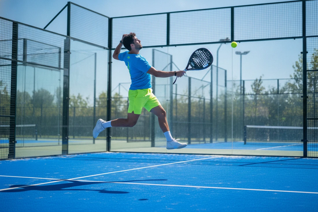 Joueur smashant avec une raquette de padel forme diamant