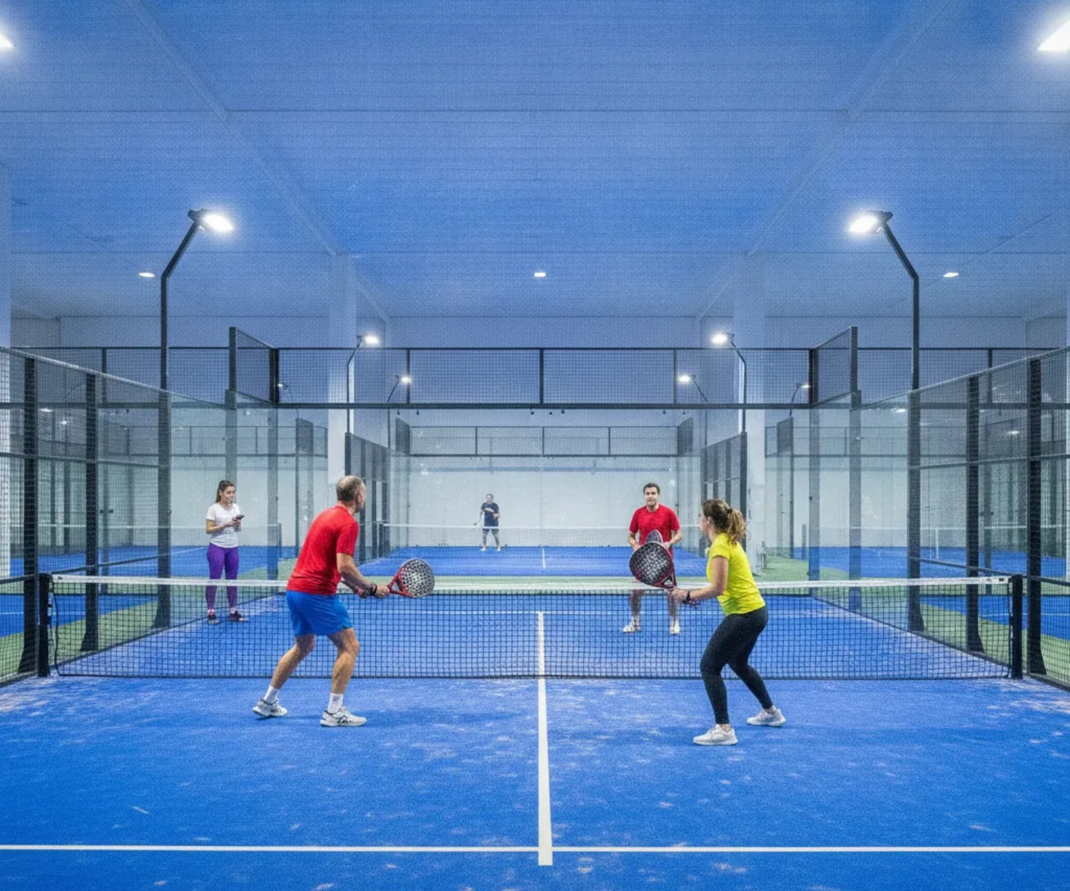 Club de padel indoor : quatre joueurs en double et un joueur consultant une application padel